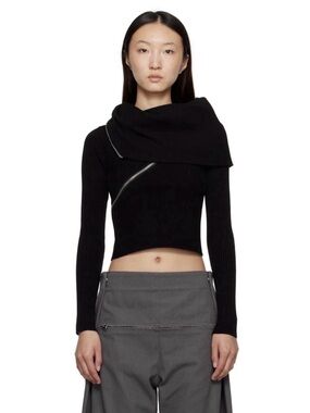 Jean Paul Gaultier Black Ribbed Asymmetric Zip Turtleneck Sweater Small